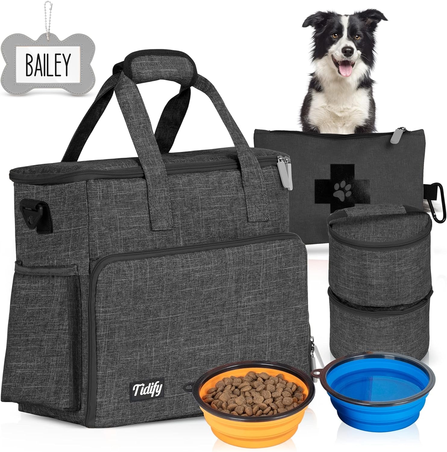 Dog Travel Bag Airline Approved Pet Travel Set for Dog and Cat Tote Organizer with Multi Function Pockets, 2 Food Containers and Collapsible Bowls, Weekend Away Dog Bag for Travel Accessories