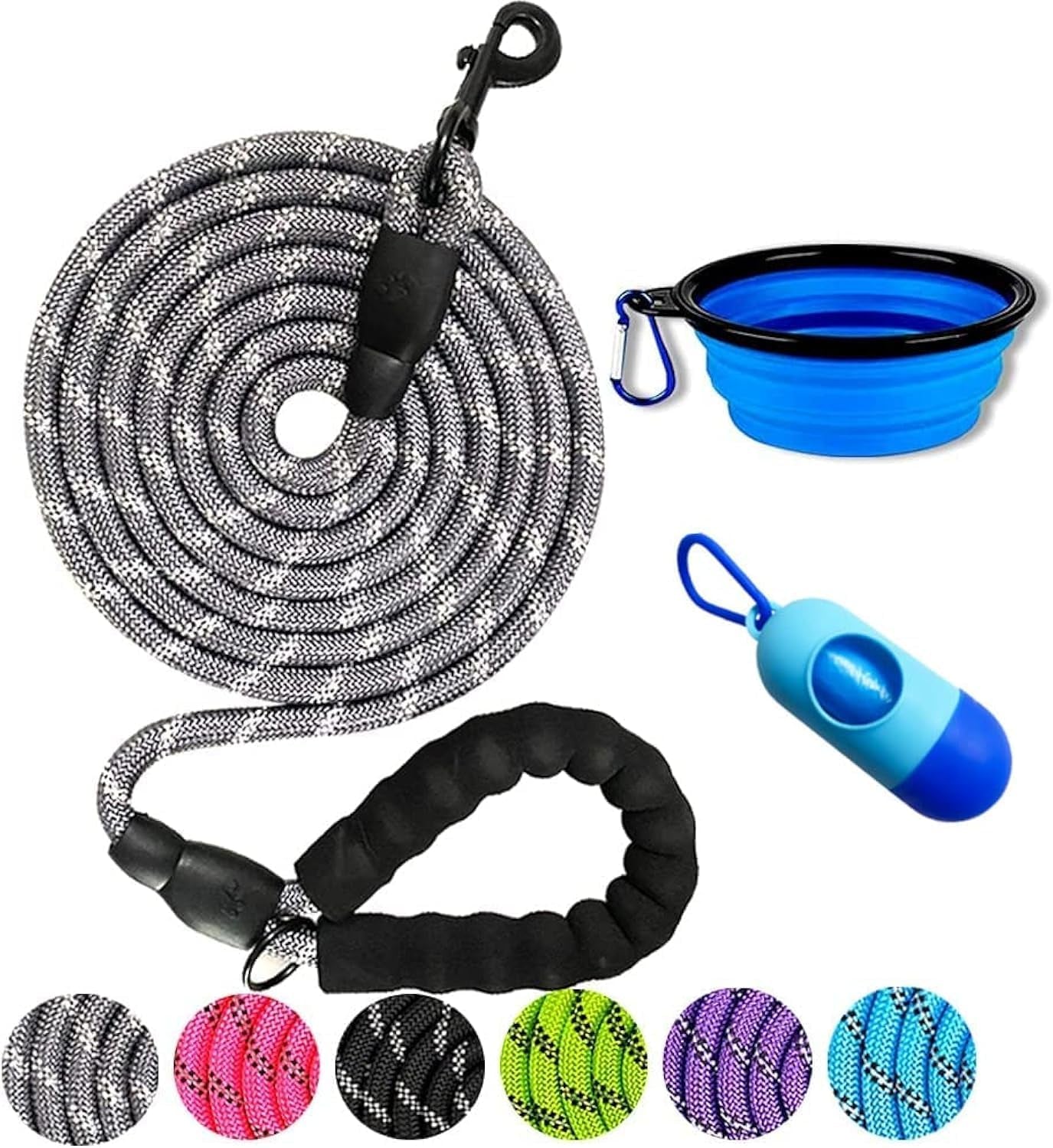 Dog Leash - 2FT/5FT/6FT Thick Nylon Rope with Comfortable Padded Handle, Reflective, Collapsible Pet Bowl & Garbage Bags (Blue, 1/3" X 5 FT)