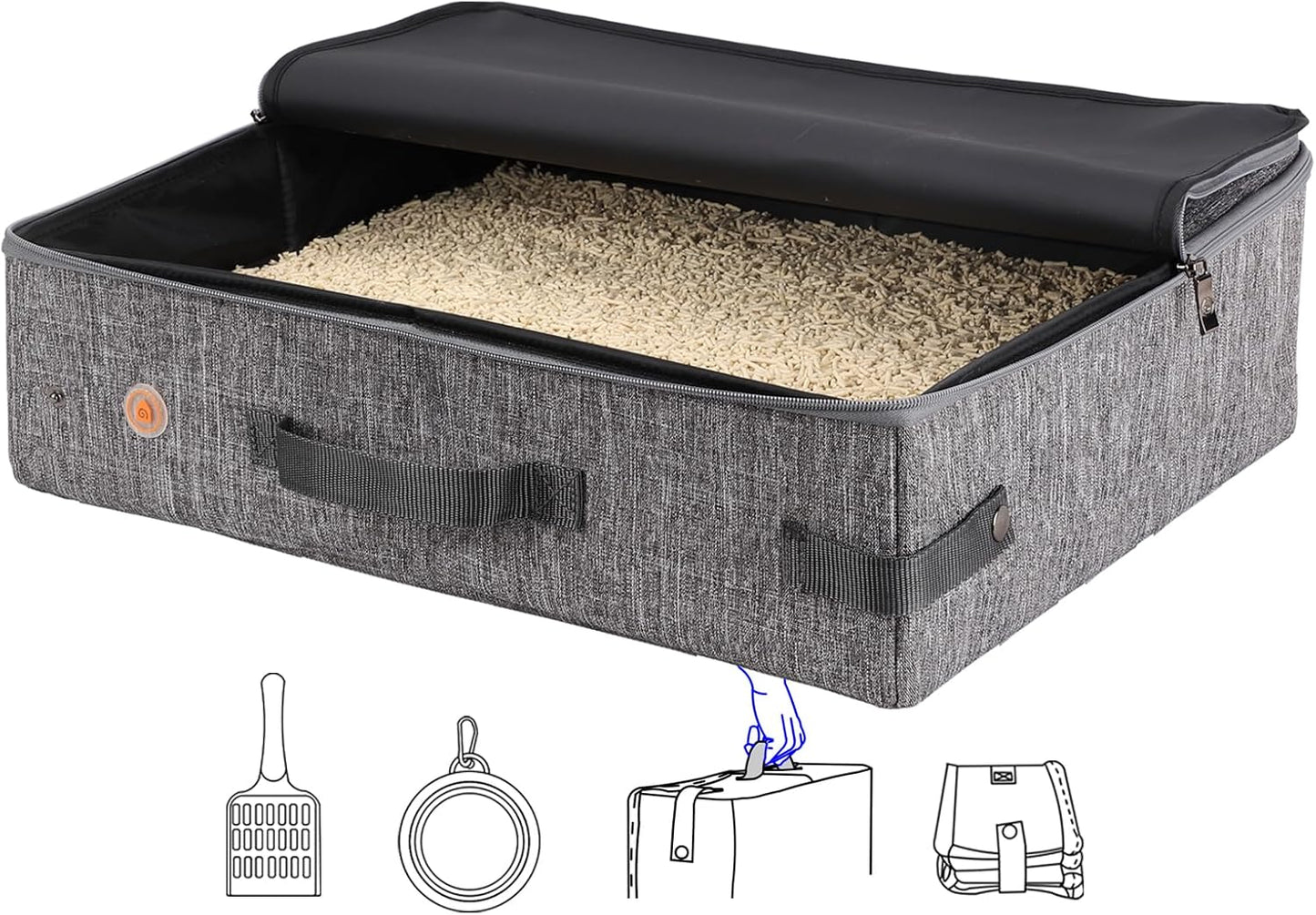 Portable Cat Travel Litter Box with Zipped Lid to Keep Everything Contained. No Odor, Leakage and Messes. Easy to Carry, Clean and Use in Car, Hotel, Aiarplane. (Large, Grey)