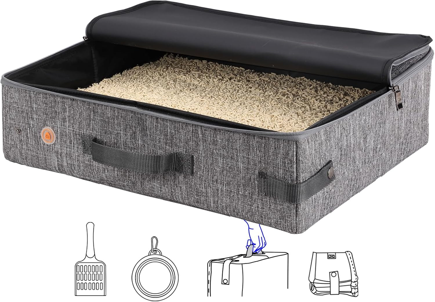 Portable Cat Travel Litter Box with Zipped Lid to Keep Everything Contained. No Odor, Leakage and Messes. Easy to Carry, Clean and Use in Car, Hotel, Aiarplane. (Large, Grey)