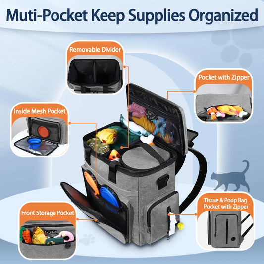 Outdoor Dog Organizer Bag with Bowl Set Traveling Storage Bag Large Multi-Function Pockets Pet Food Container Backpack