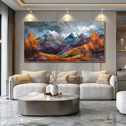 Handmade Oil Painting Canvas Wall Art Decoration Snow Mountain Autumn Scenery Pictures For Home Decor Rolled Frameless Unstretched Painting - Deribla Store
