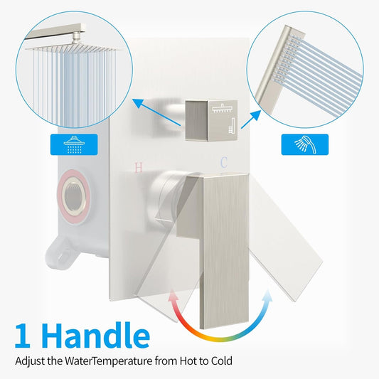 Rain Shower System Sets Faucet: 10 Inch Overhead Rainhead Shower Combo Set with Handheld and Valve - Luxury Modern Mixer Rainfall Brushed Nickel Shower Faucets Sets Complete - Deribla Store